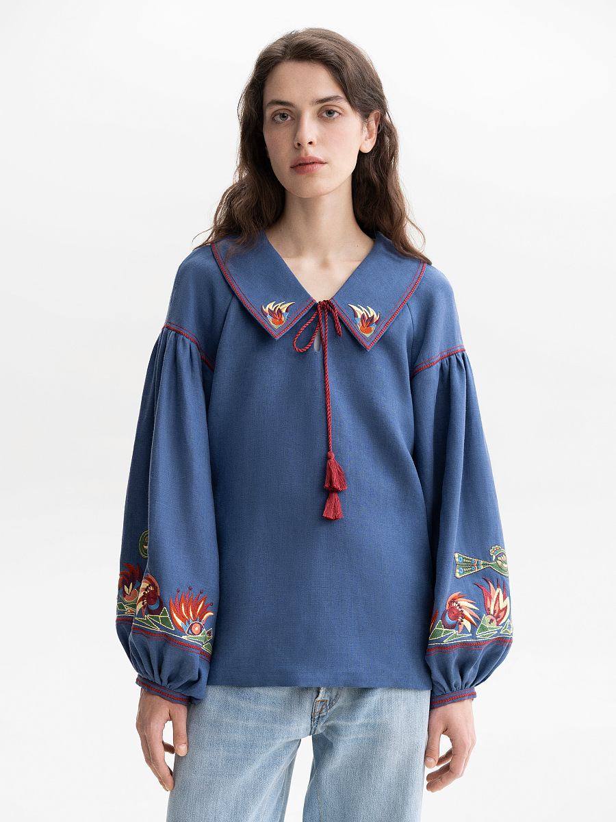 Blue embroidered women's jacket with colorful embroidery Alla [0]