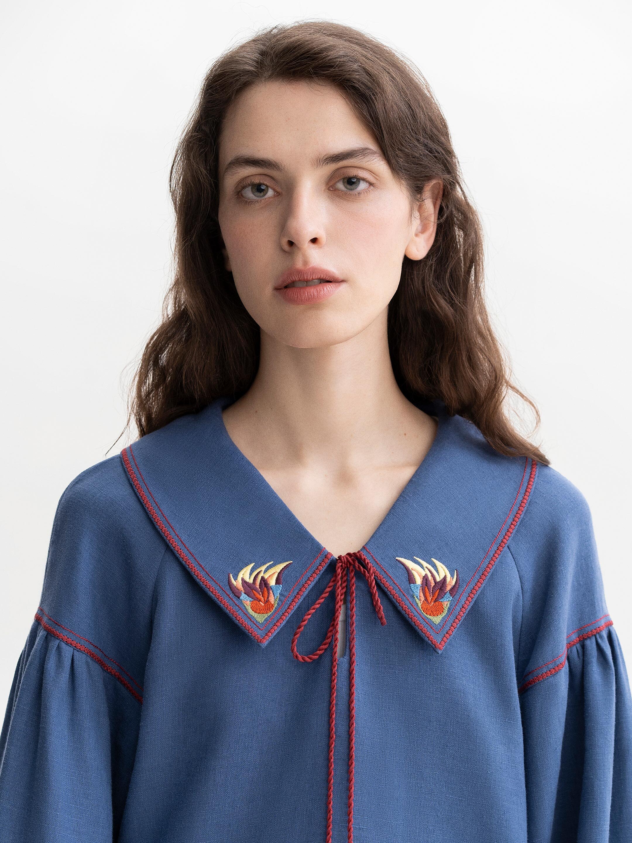 Blue embroidered women's jacket with colorful embroidery Mariupol in Ukraine