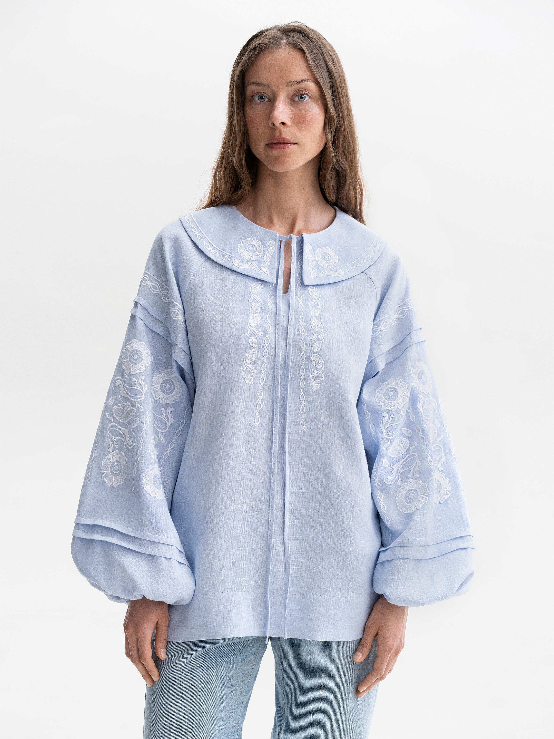 Soft blue shirt with white embroidery Dnieper Buy