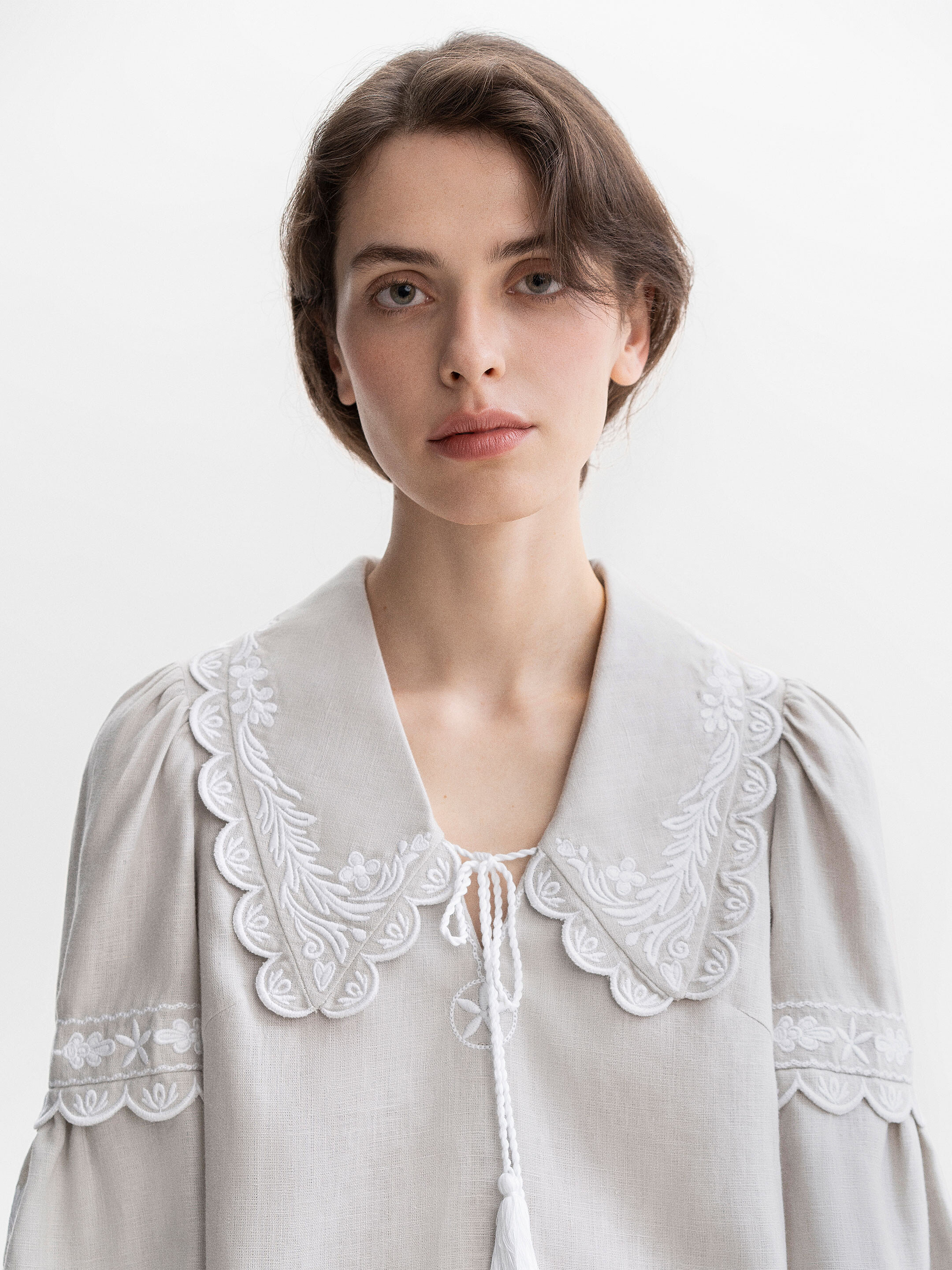 Gray linen blouse with white embroidery Kakhovka cheap