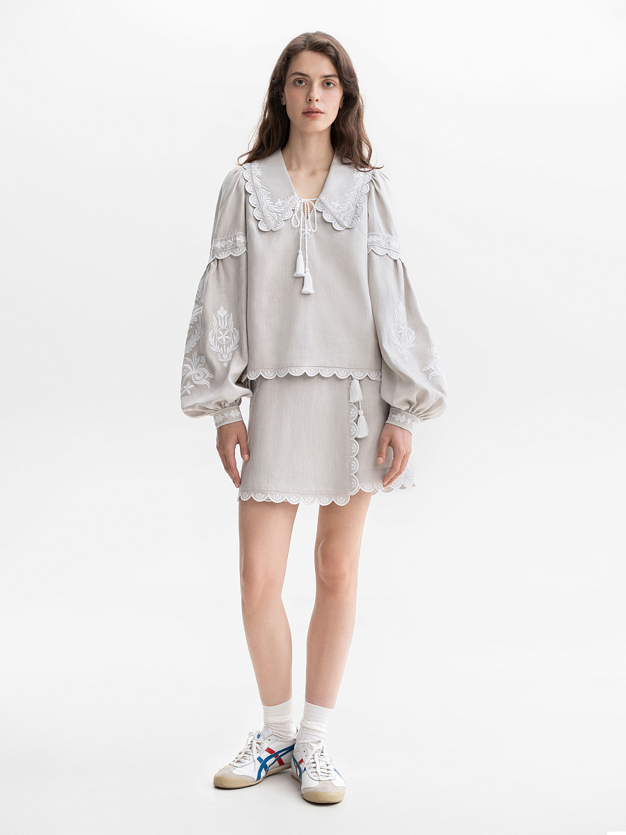 Gray linen blouse with white embroidery Kakhovka [0]