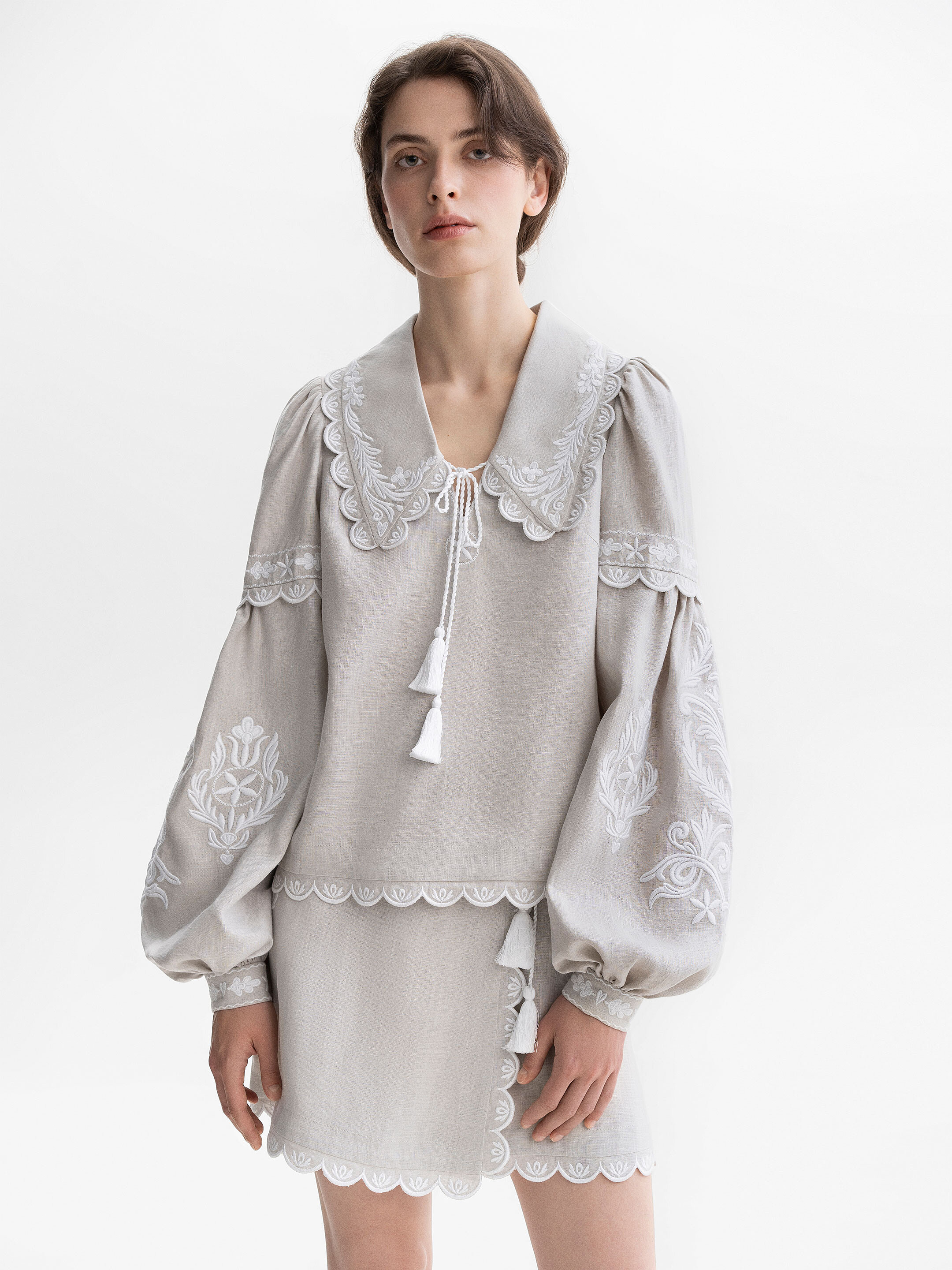 Gray linen blouse with white embroidery Kakhovka Buy