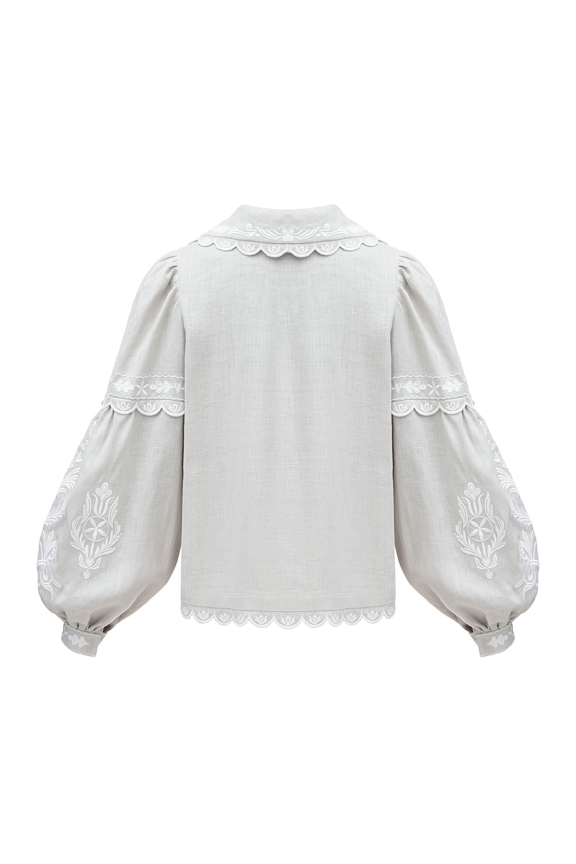 Gray linen blouse with white embroidery Kakhovka fitting