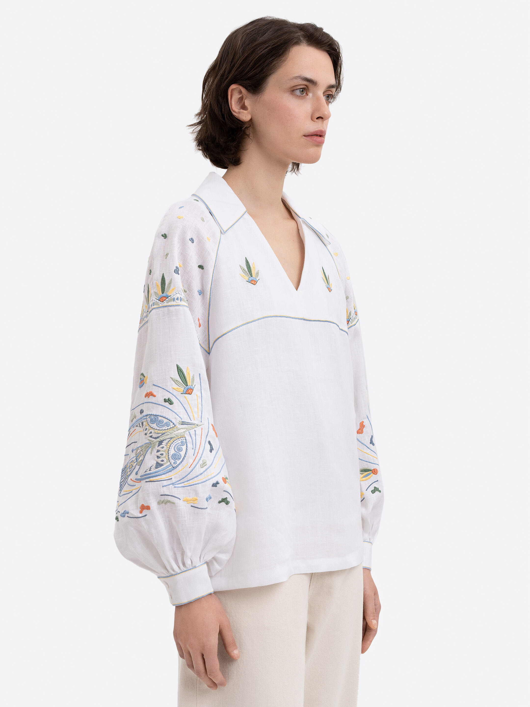 White embroidered shirt with colorful embroidery Boryviter in Ukraine