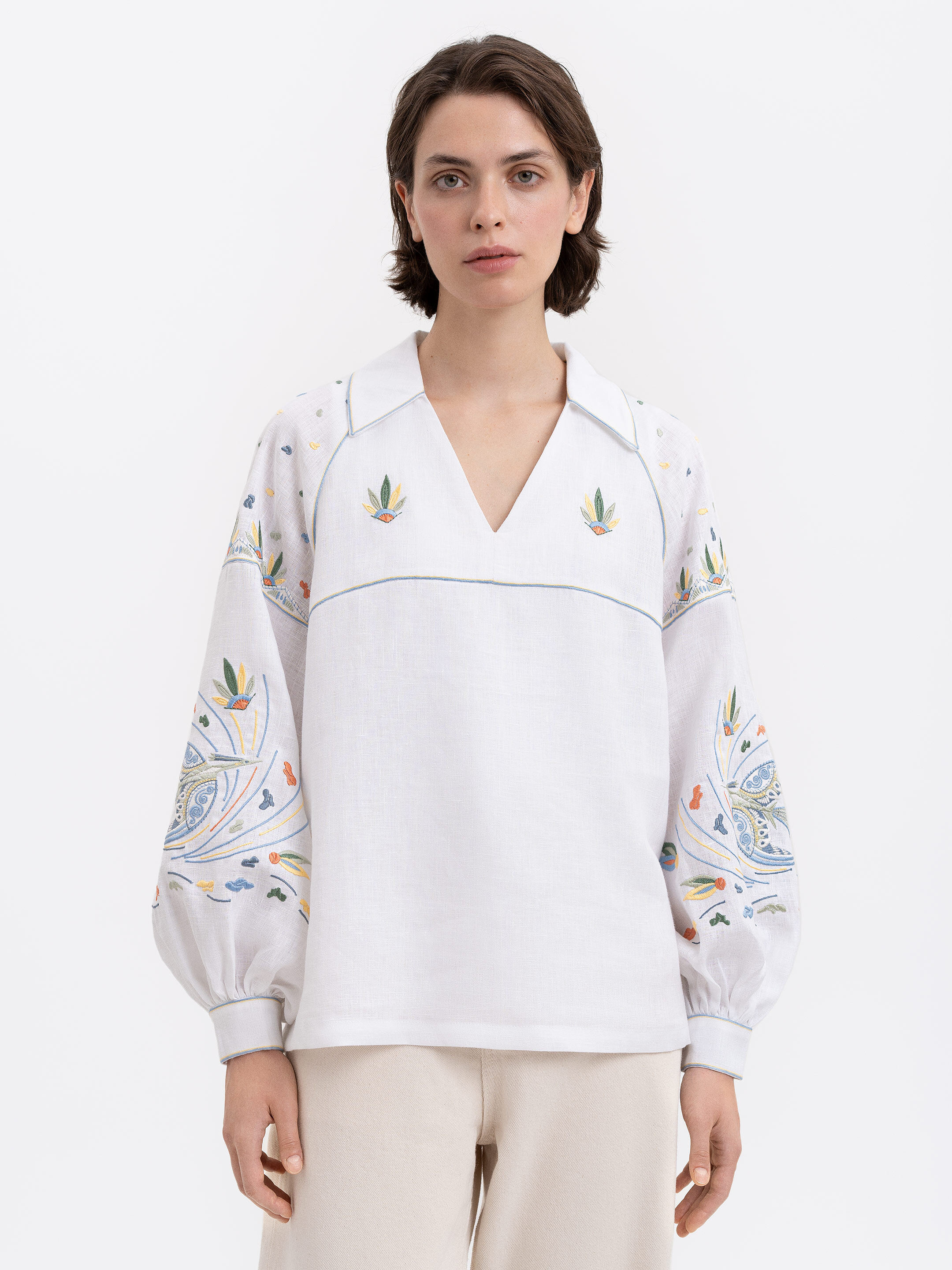 White embroidered shirt with colorful embroidery Boryviter Buy