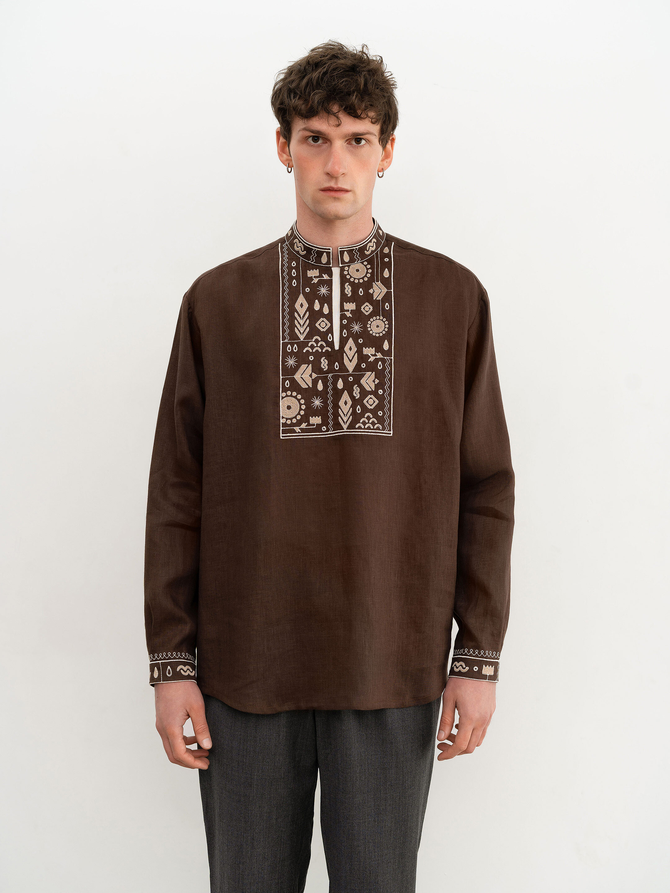Men's brown embroidered shirt "Kmyn" cheap
