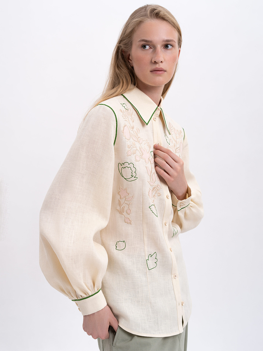 Linen embroidered shirt of milk color "Zhuravlyna" [0]