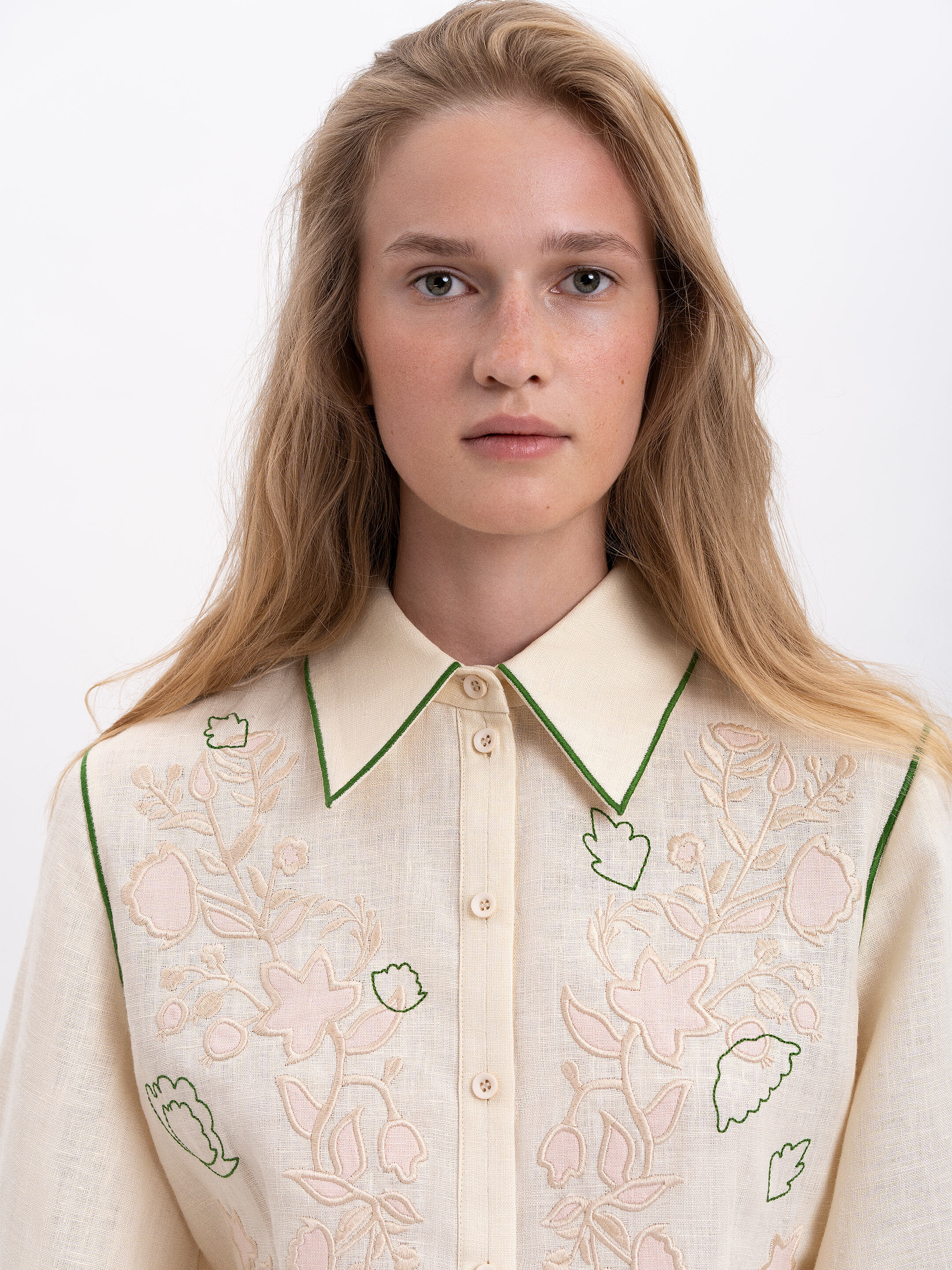 Linen embroidered shirt of milk color "Zhuravlyna" in Ukraine