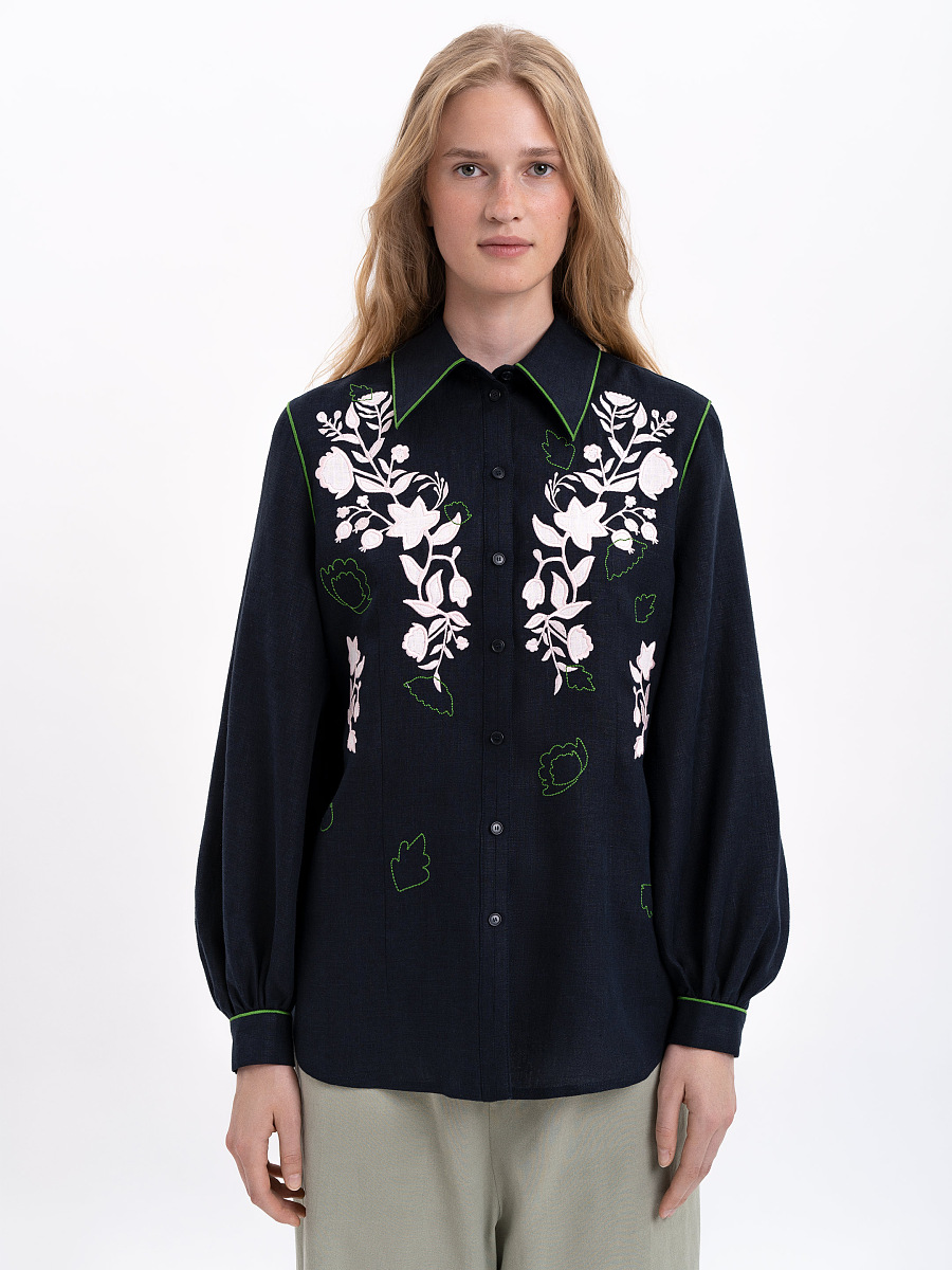Black linen embroidered shirt "Zhuravlyna" [0]