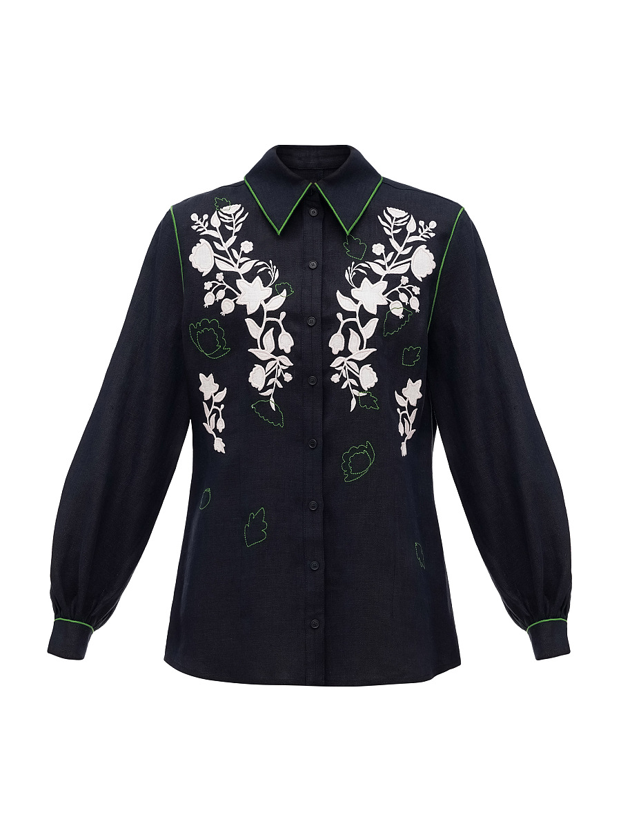Black linen embroidered shirt "Zhuravlyna" [0]