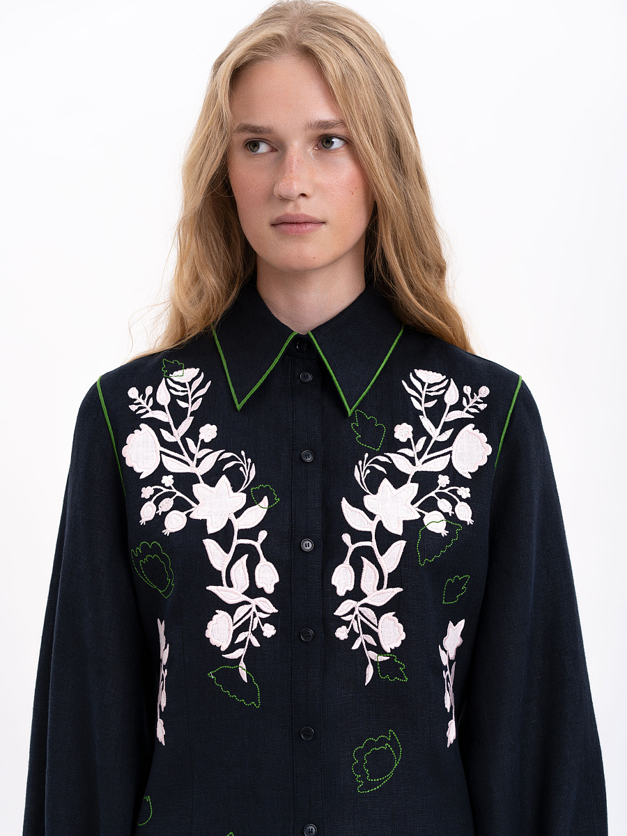 Black linen embroidered shirt "Zhuravlyna" [0]