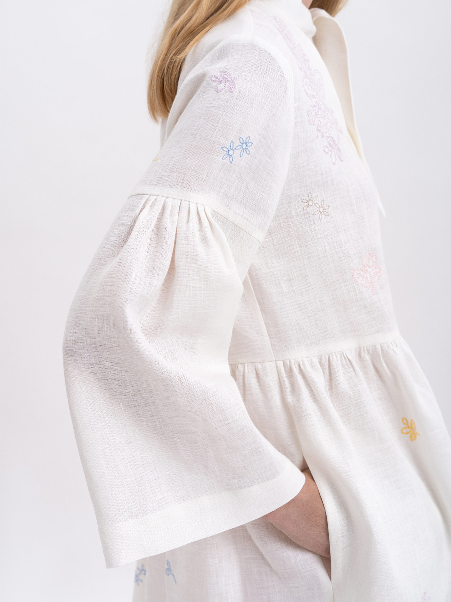 White linen dress with floral embroidery Sobachko buy in Kyiv, 374 $   Etnodim
