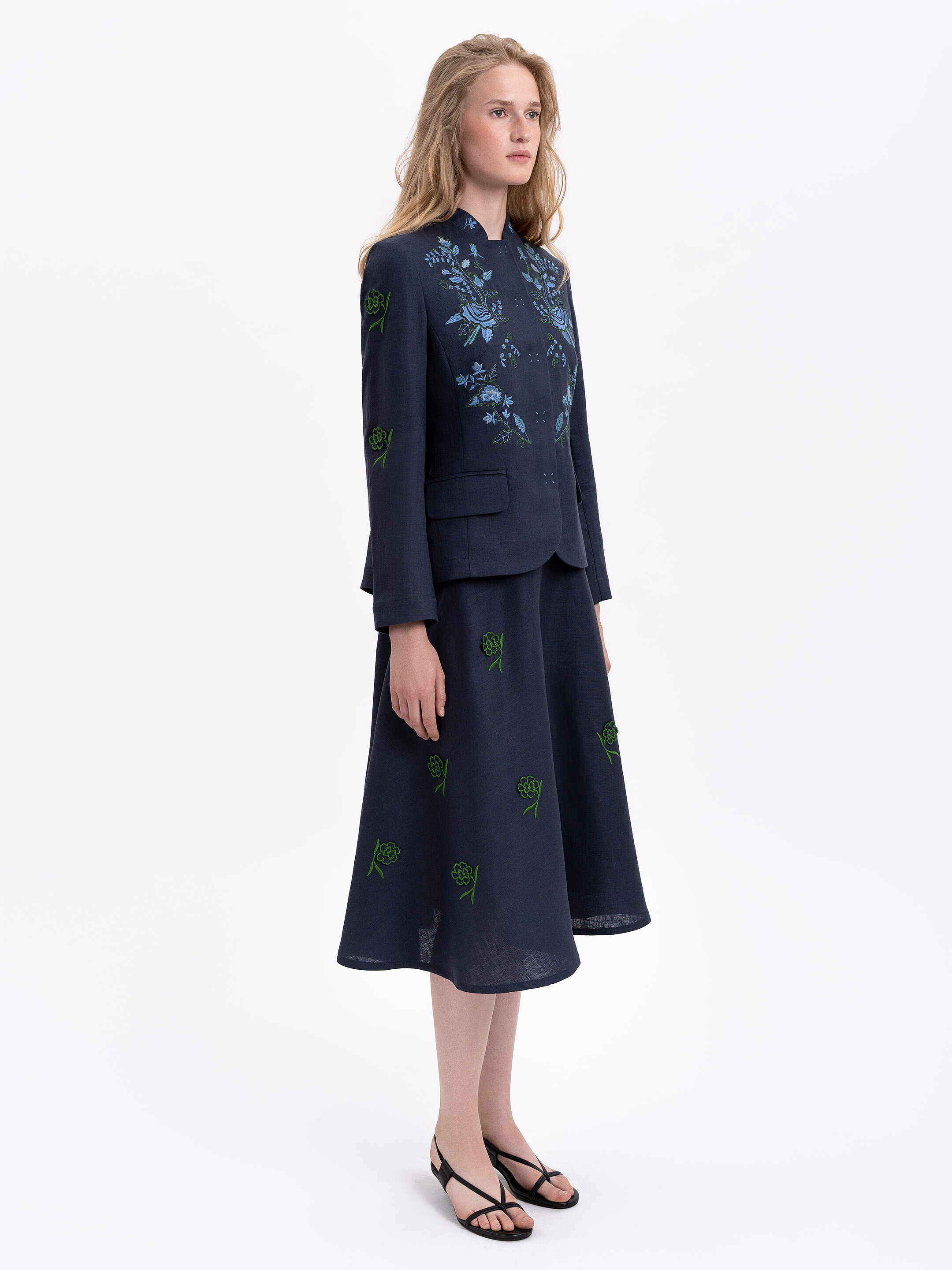 Linen embroidered jacket of dark blue color «Adoxa» photo