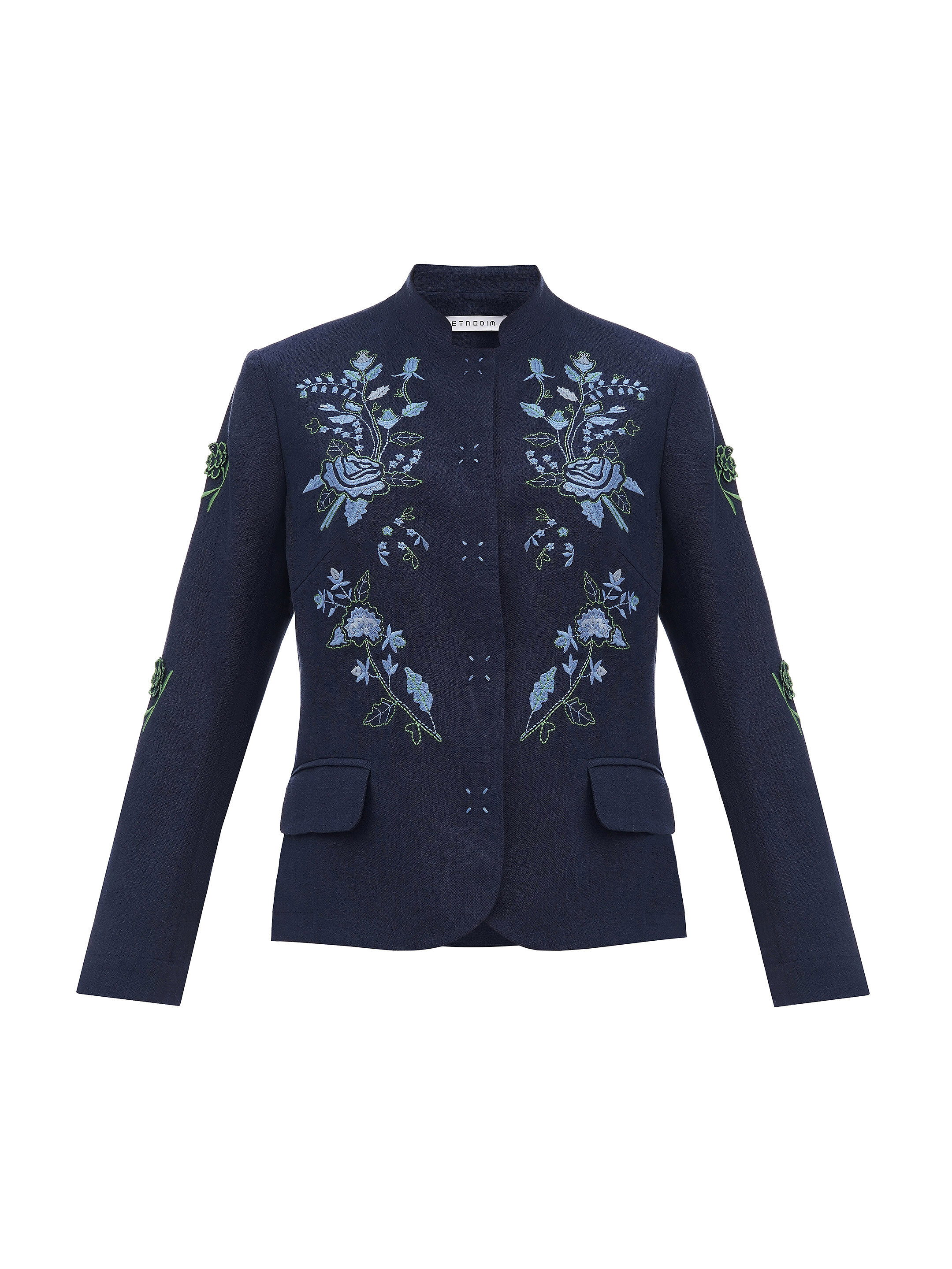 Linen embroidered jacket of dark blue color «Adoxa» sizes