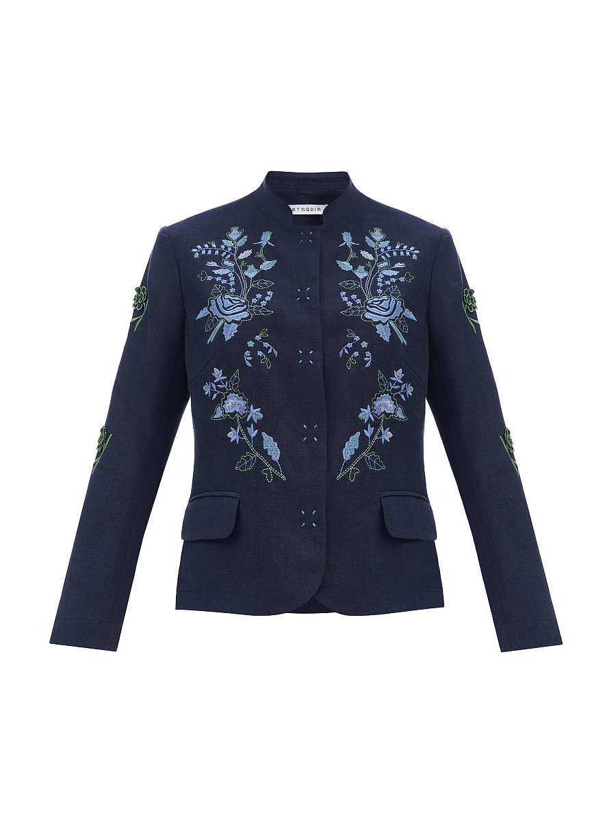 Linen embroidered jacket of dark blue color «Adoxa» [0]
