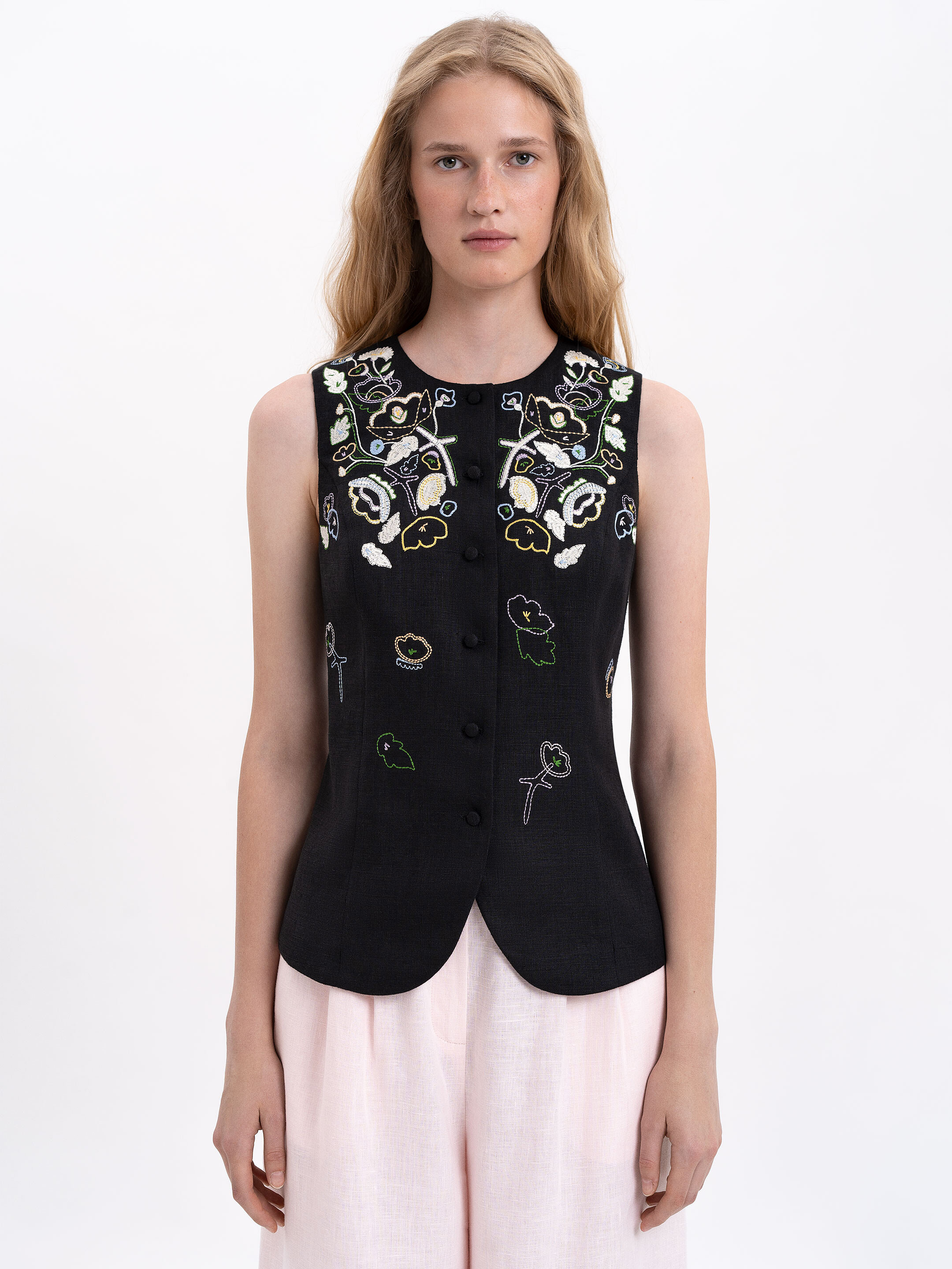 Black linen embroidered vest "Agrus" Buy