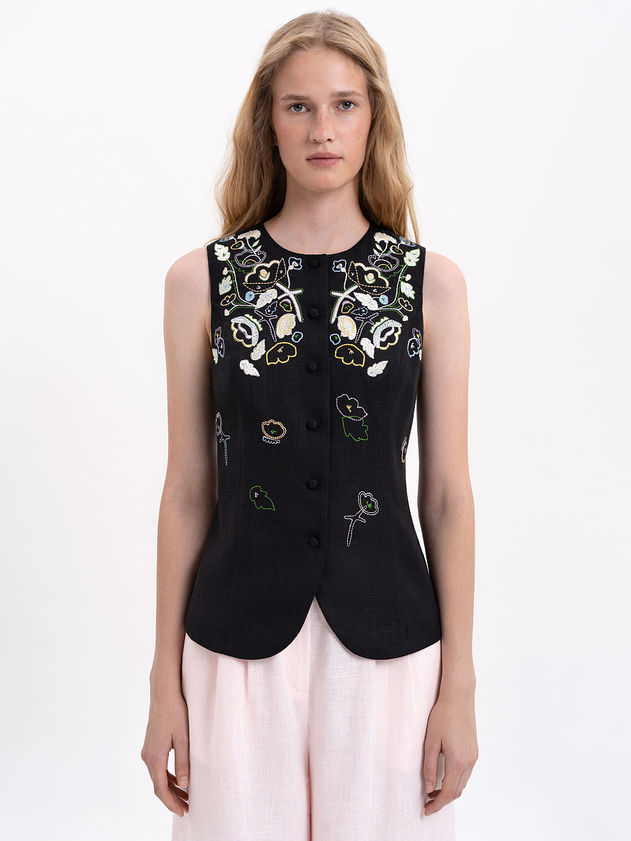 Black linen embroidered vest "Agrus" [0]