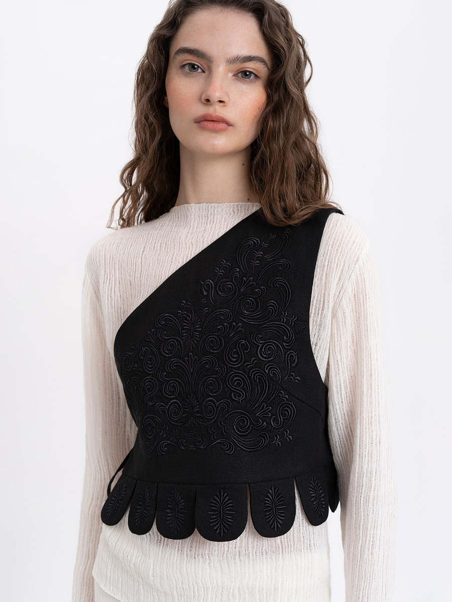 Asymmetric vest with black embroidery in tone "Shining" [0]