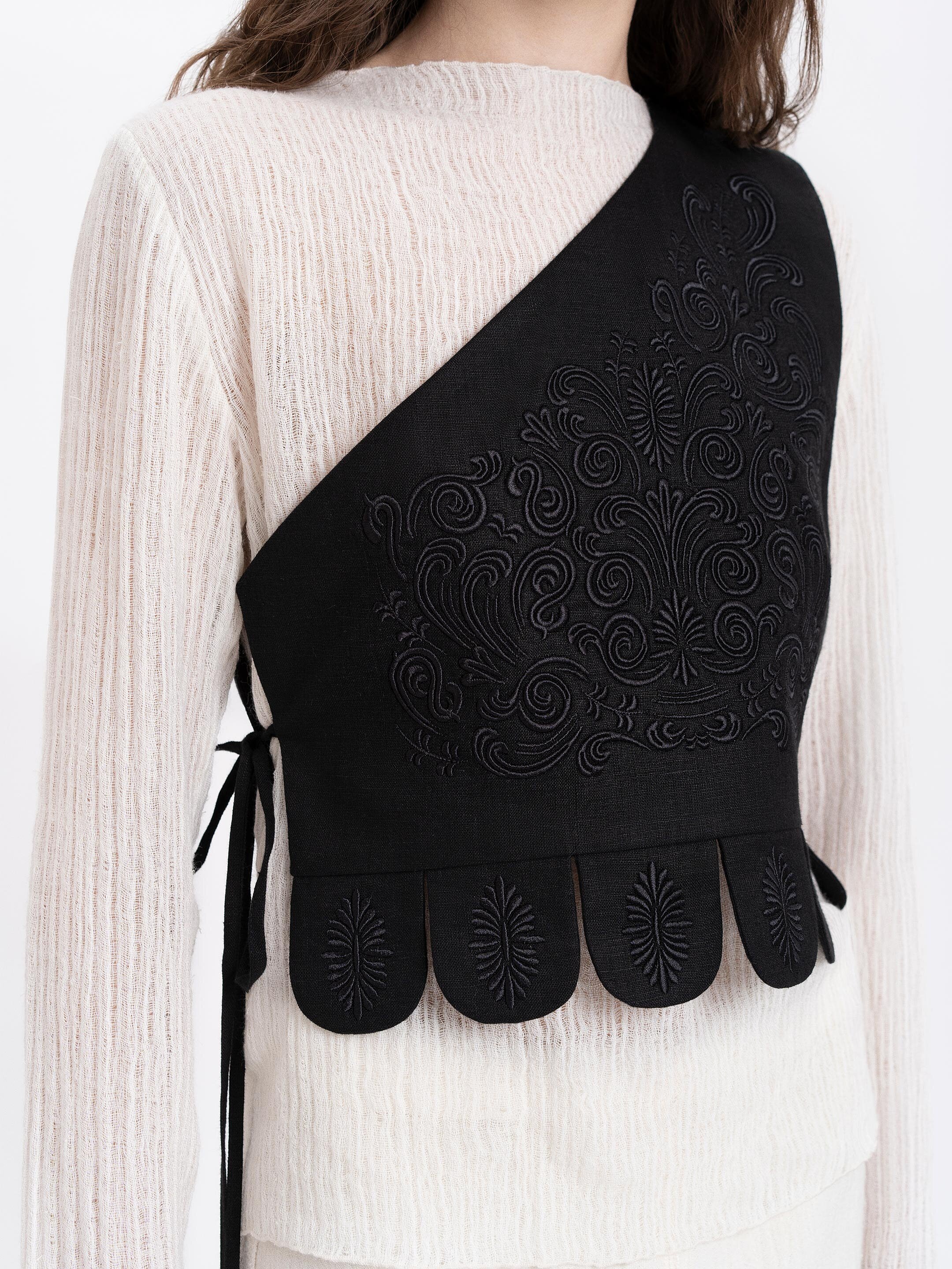 Asymmetric vest with black embroidery in tone "Osiayna" in Ukraine