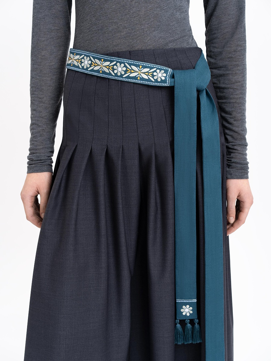 Linen embroidered belt in cyan color "Flora" [0]