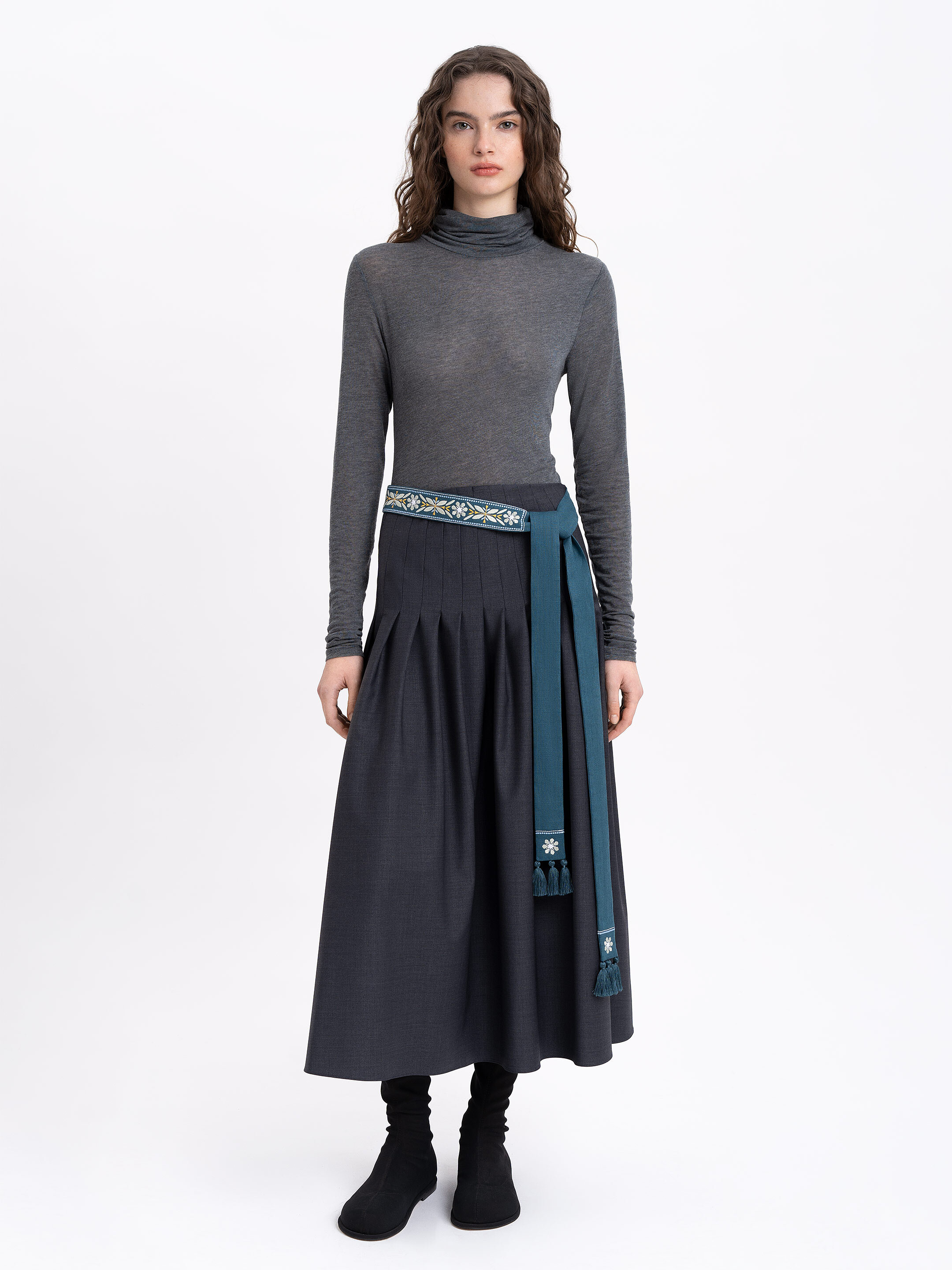 Linen embroidered belt in cyan color "Flora" Buy