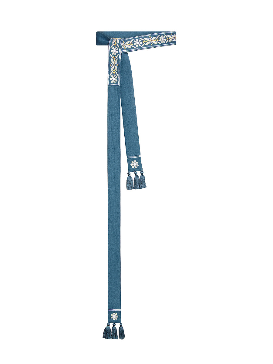 Linen embroidered belt in cyan color "Flora" [0]