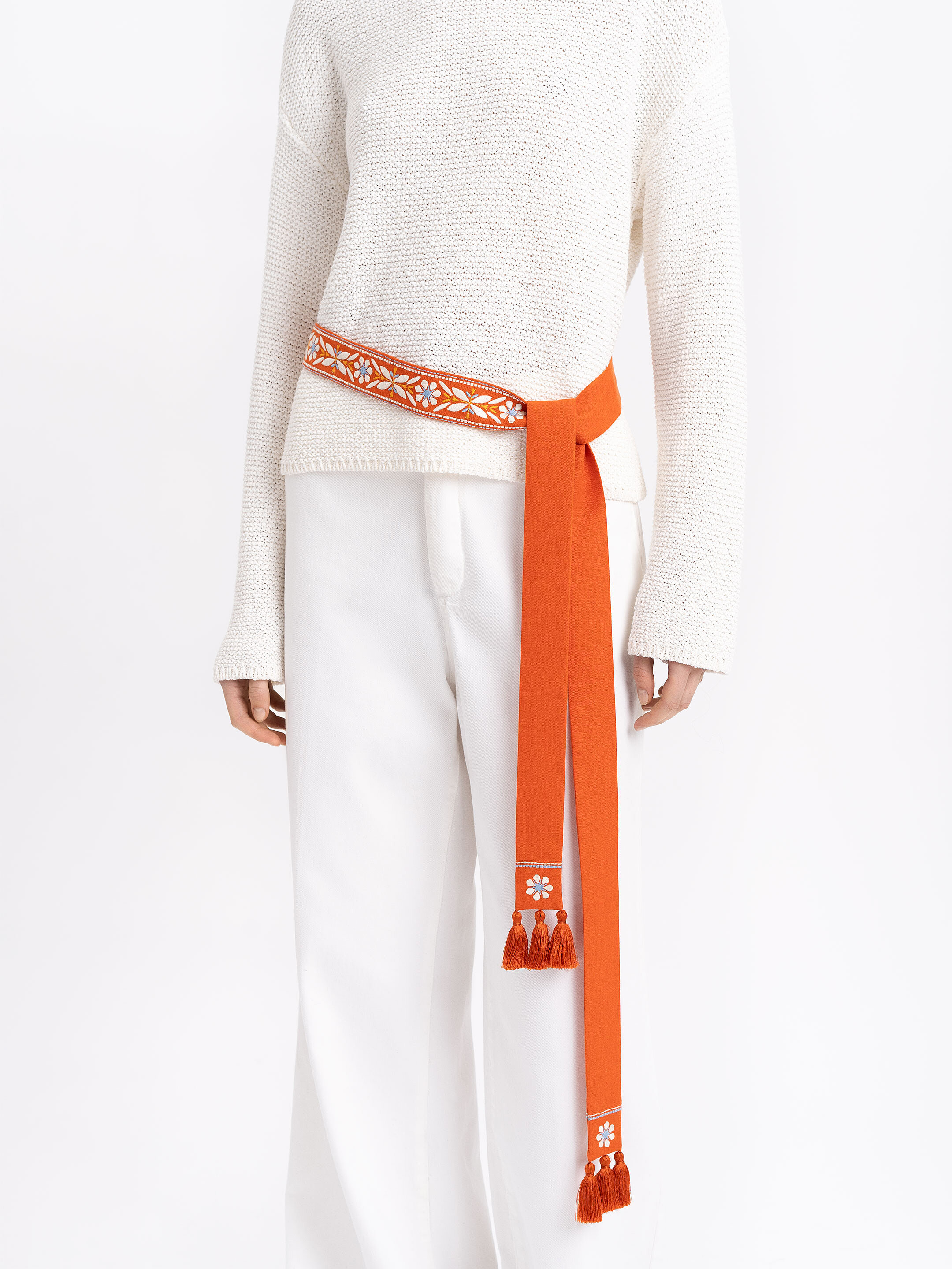 Linen embroidered belt in carrot color "Flora" cheap