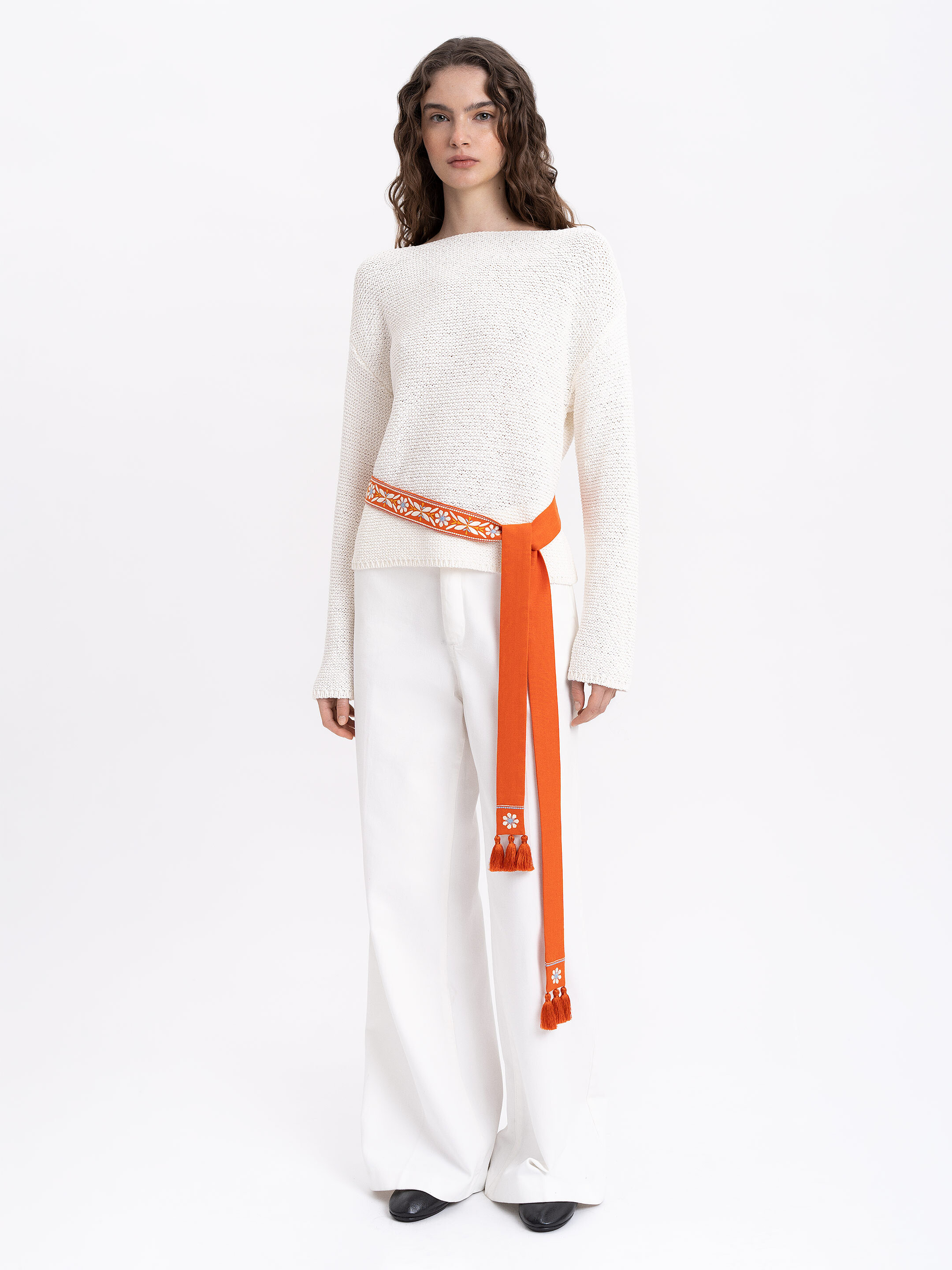 Linen embroidered belt in carrot color "Flora" Buy