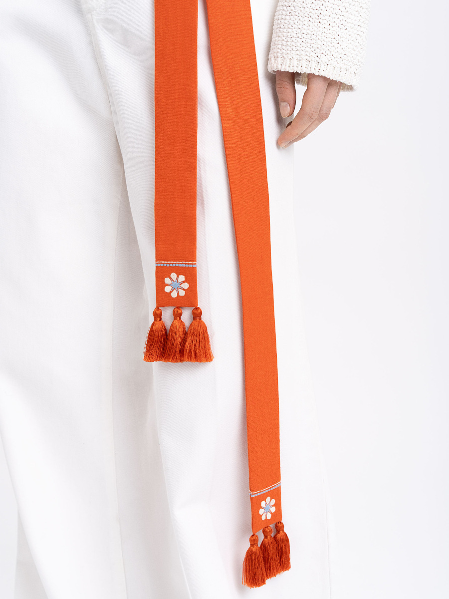 Linen embroidered belt in carrot color "Flora" [0]