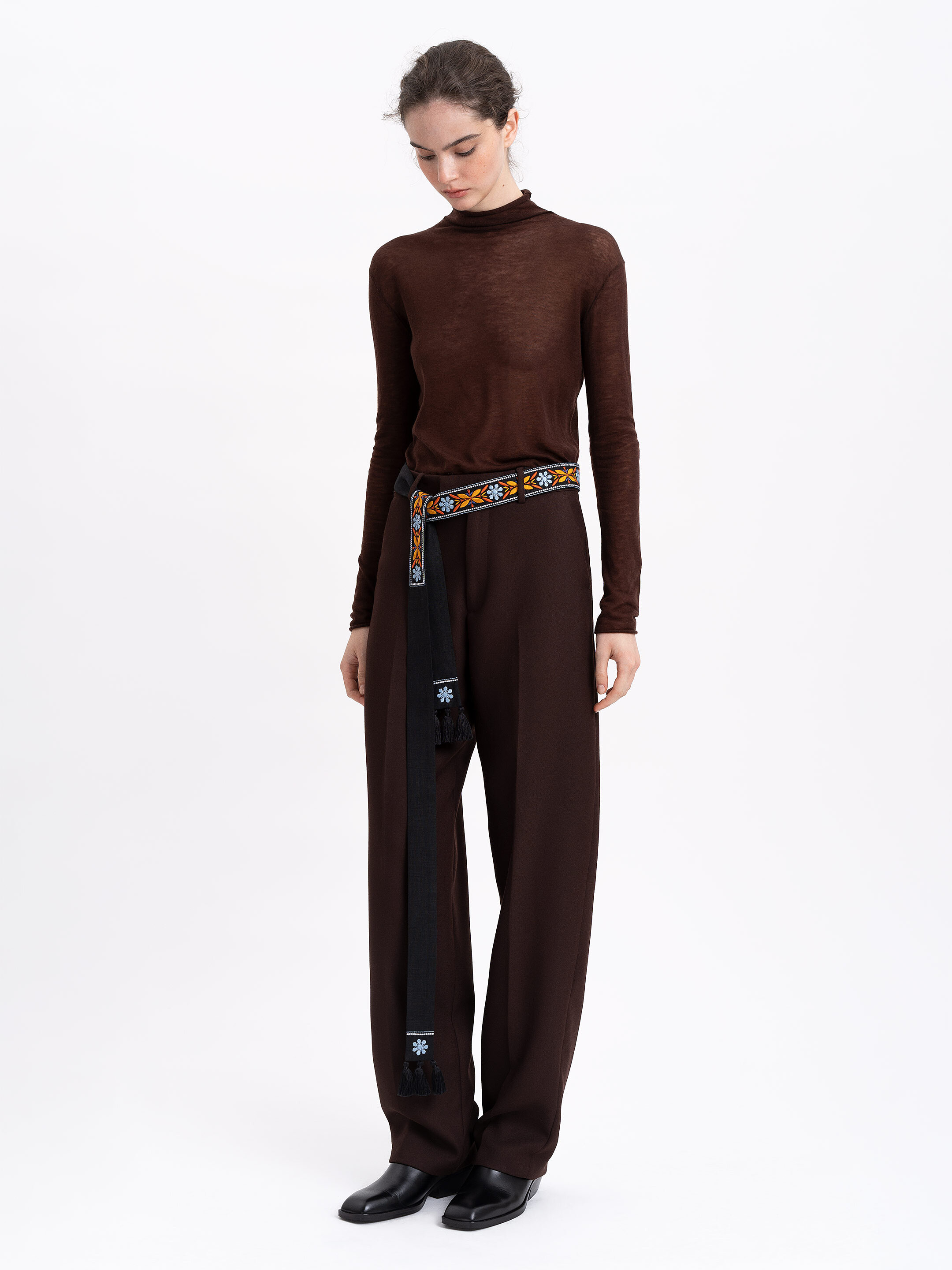 Black linen belt with orange embroidery "Flora" Buy