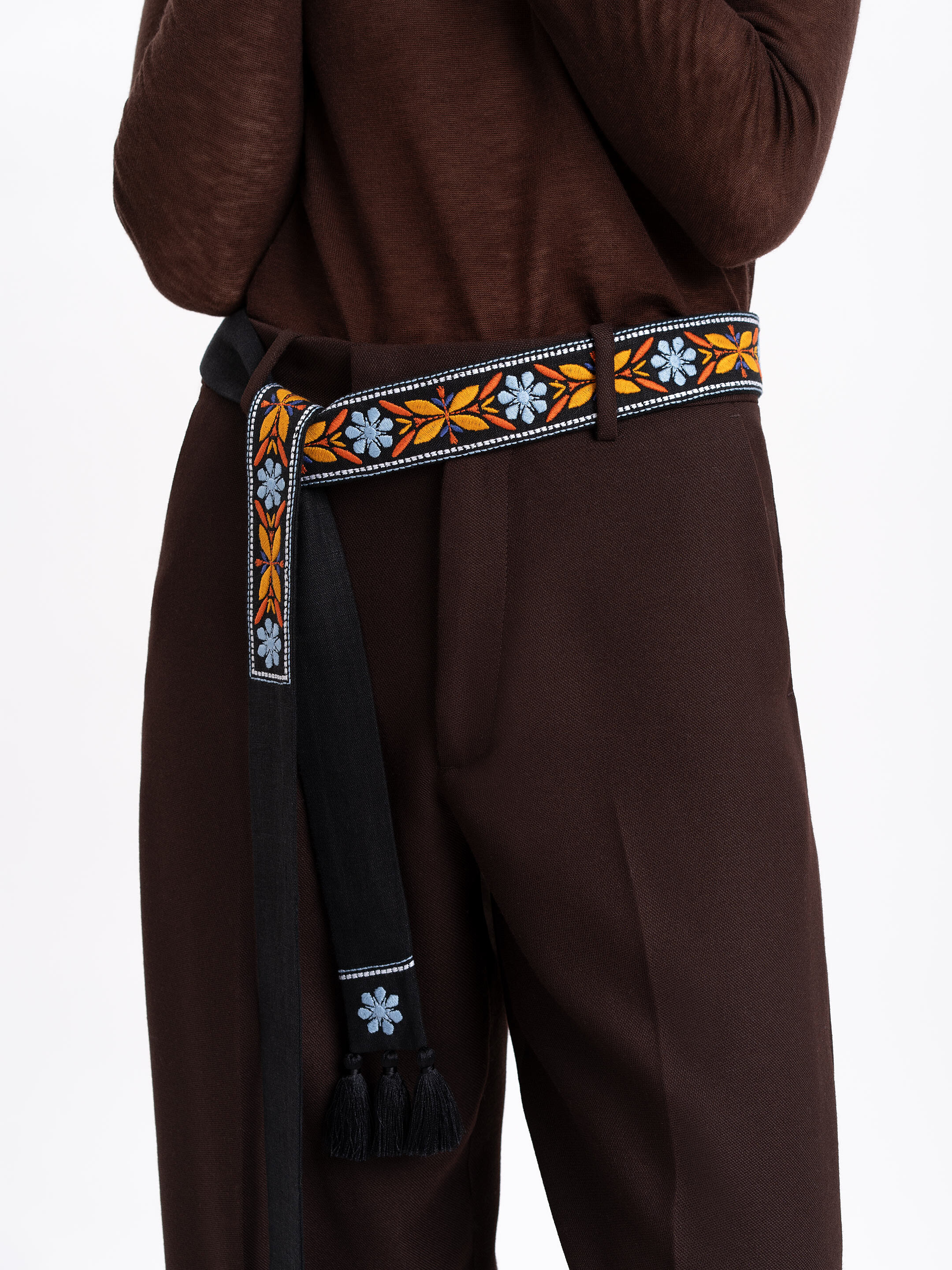 Black linen belt with orange embroidery "Flora" cheap