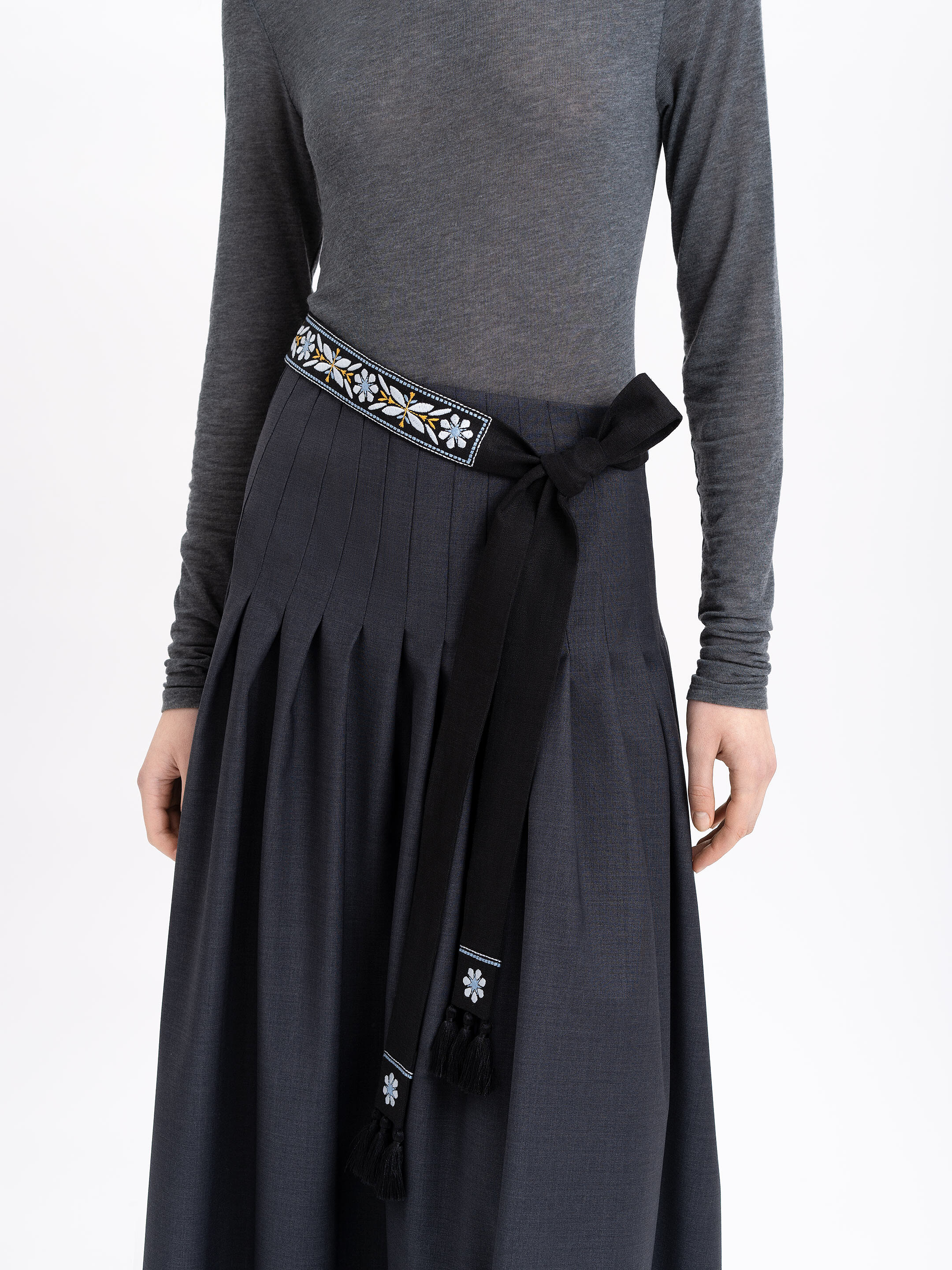 Black linen belt with blue embroidery "Flora" cheap