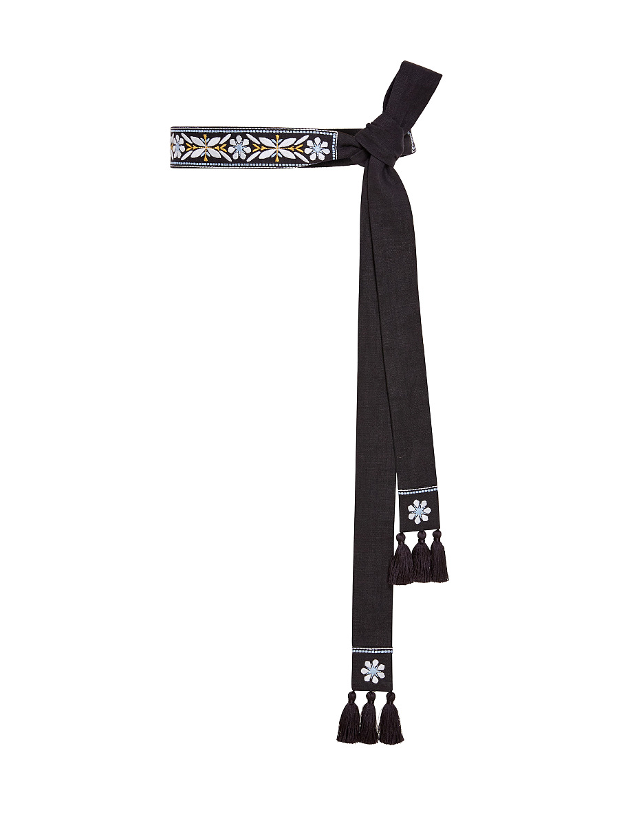 Black linen belt with blue embroidery "Flora" [0]