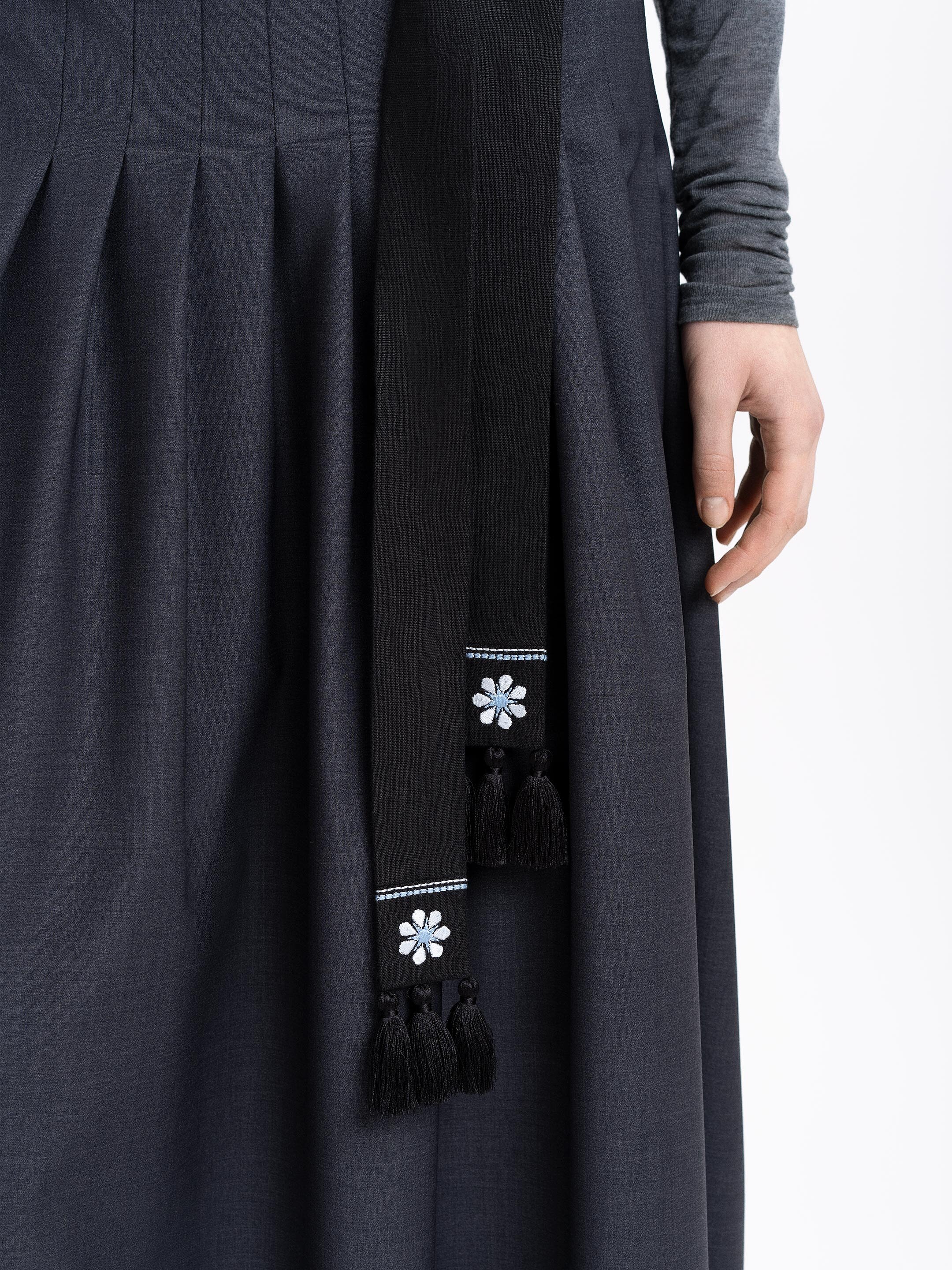 Black linen belt with blue embroidery "Flora" in Ukraine