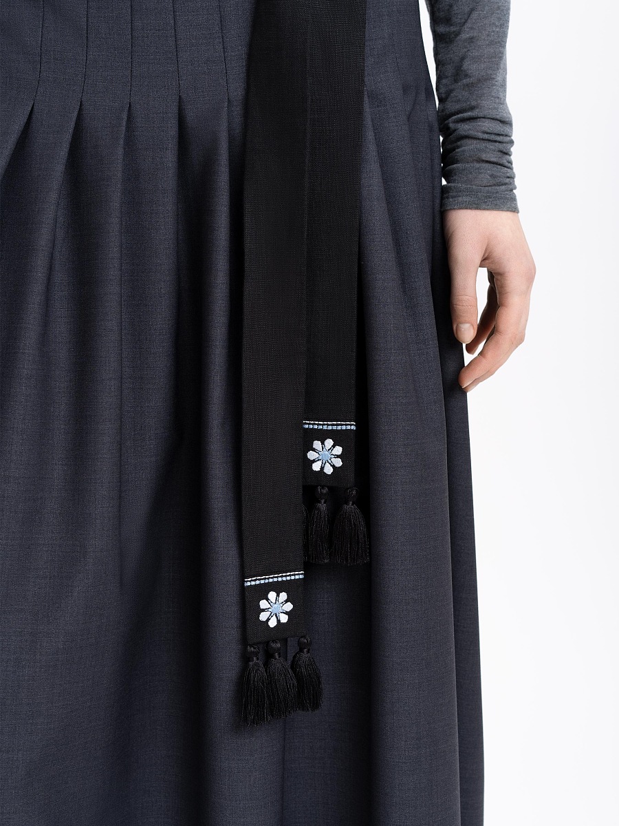 Black linen belt with blue embroidery "Flora" [0]