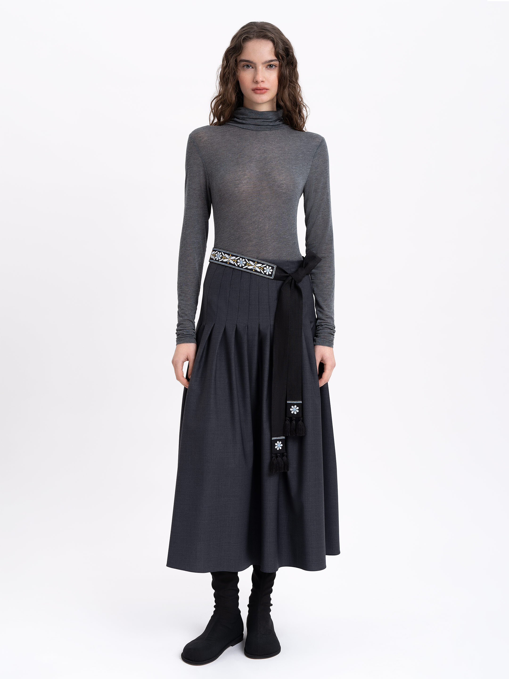 Black linen belt with blue embroidery "Flora" Buy