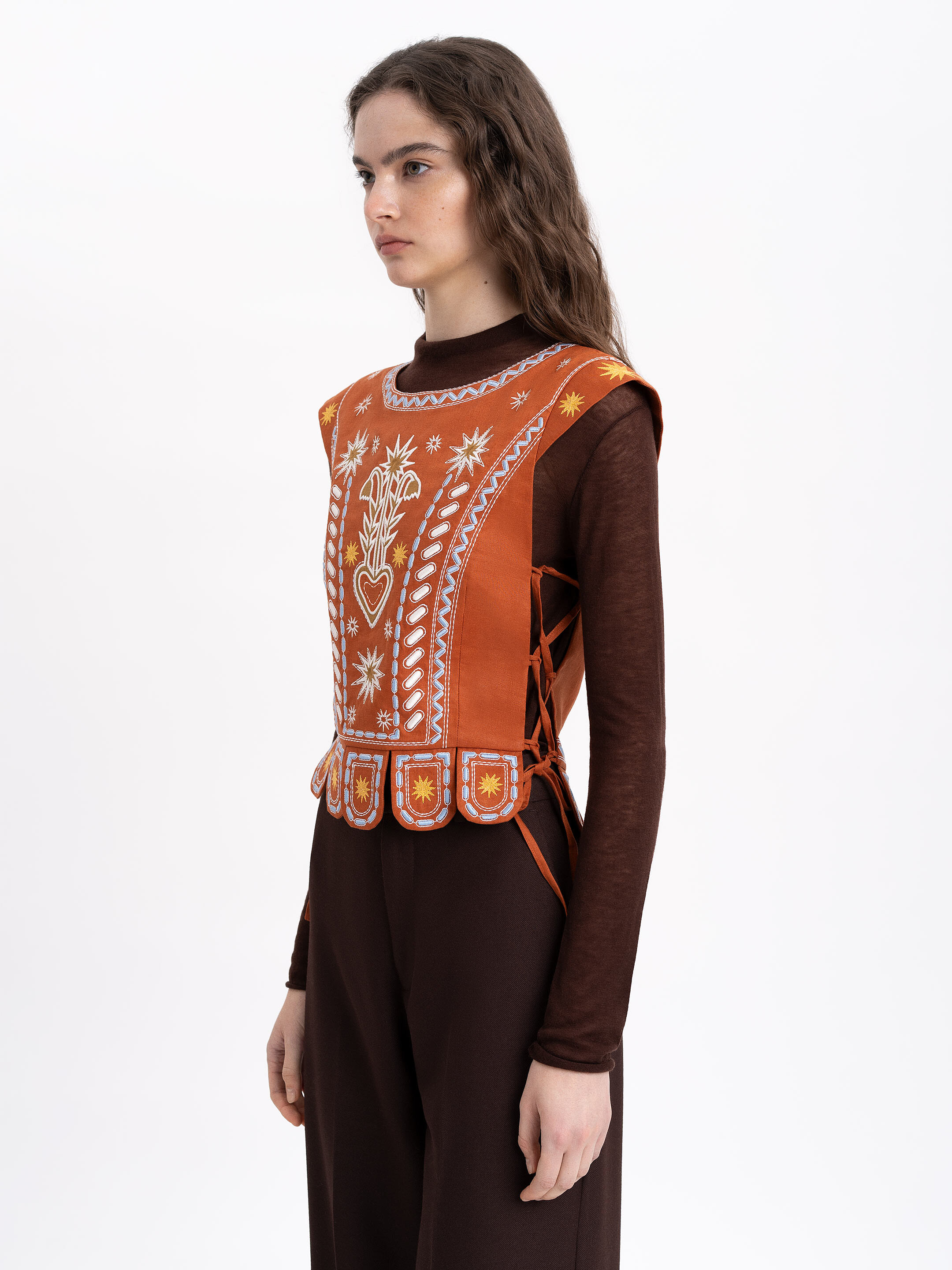 Terracotta linen embroidered vest "Adamant" photo
