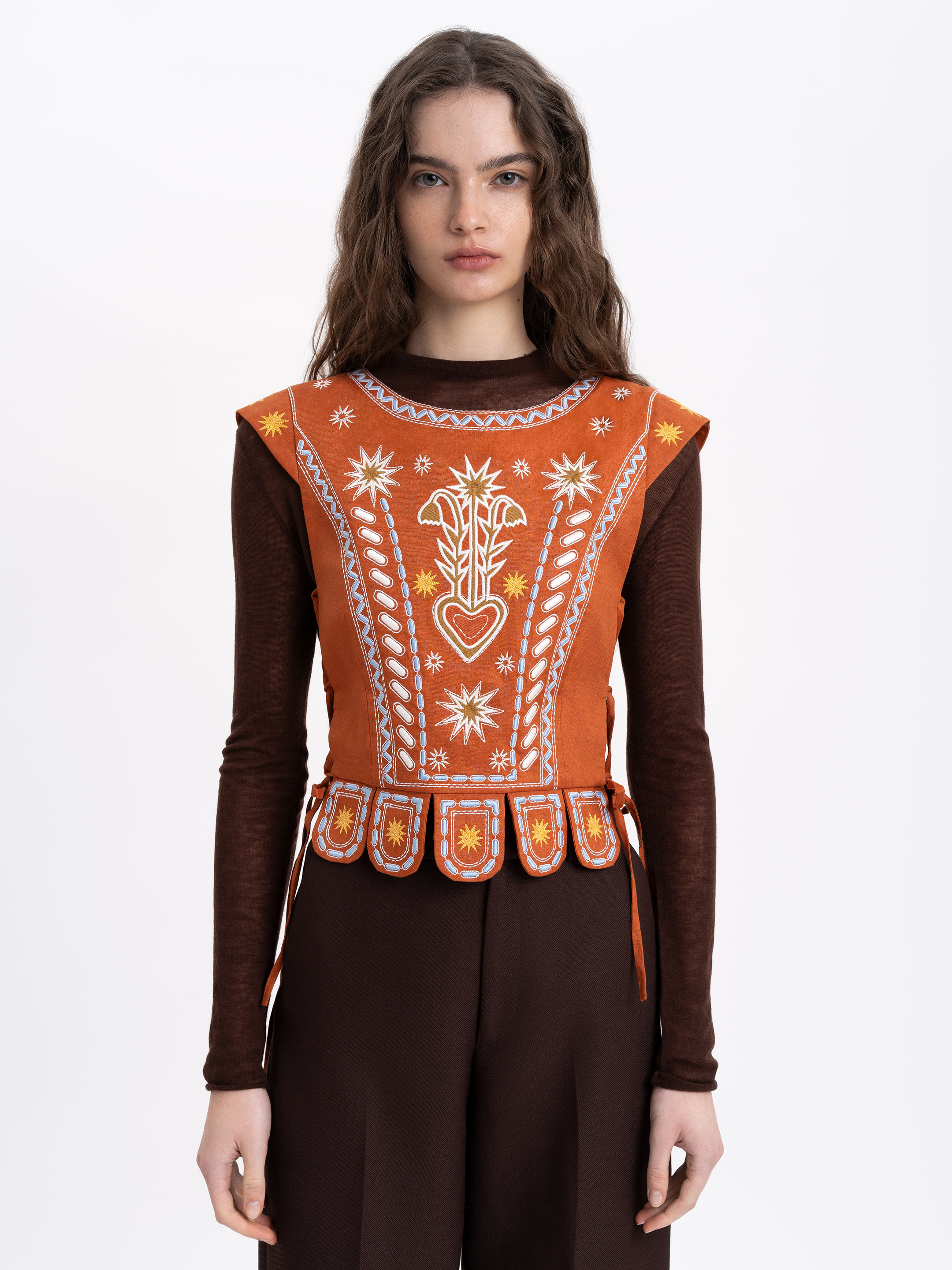 Terracotta Linen Embroidered Vest 