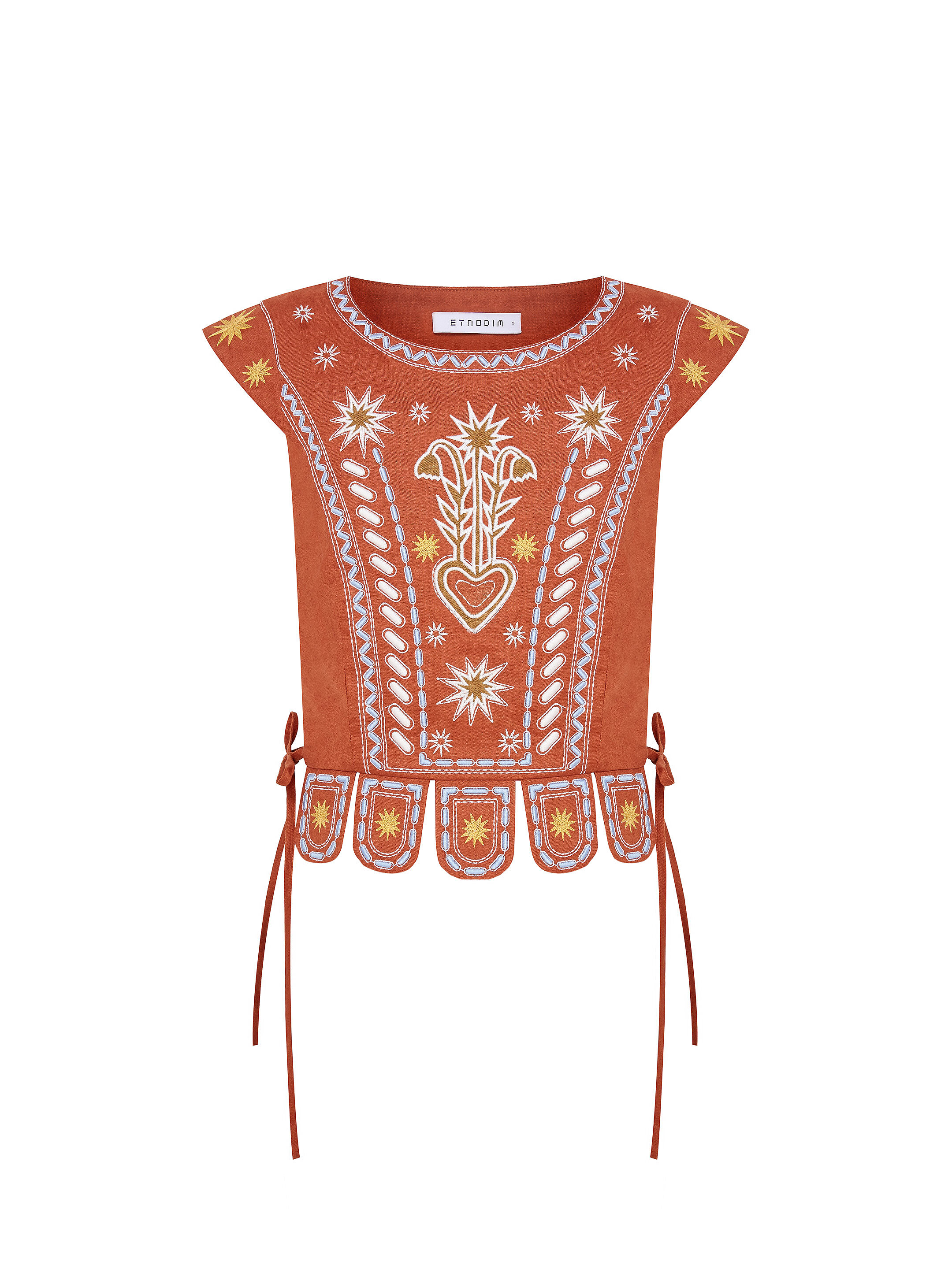 Terracotta linen embroidered vest "Adamant" fitting