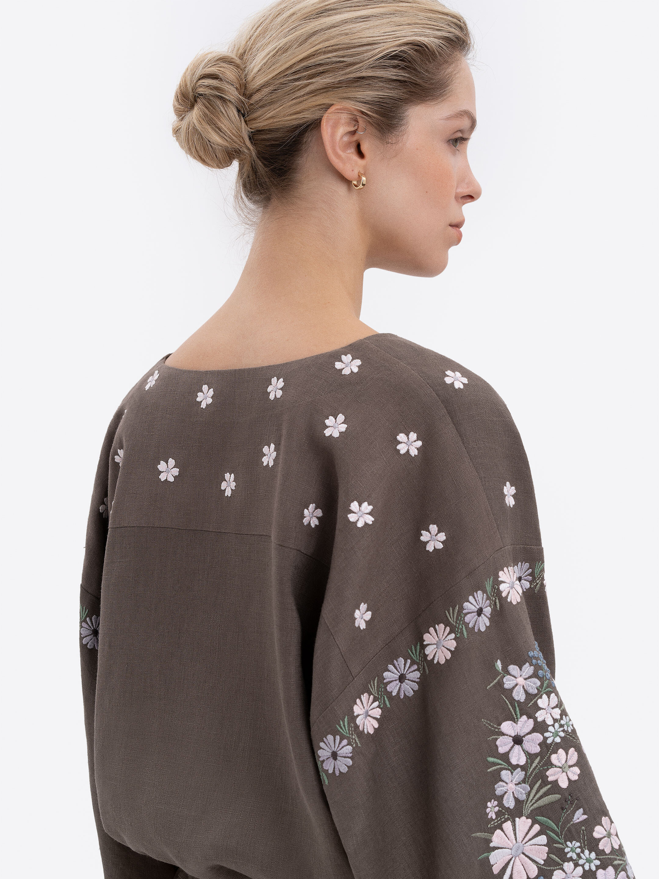 Linen Embroidered Blouse with Floral Pattern "Budzhak" dark in Ukraine