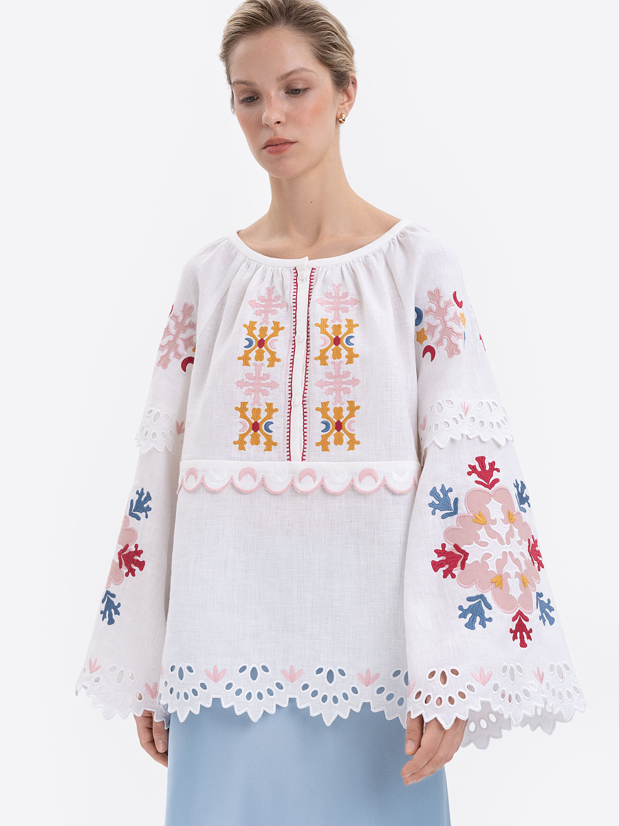 Women's Embroidered Striped Lantern Sleeve Shirt