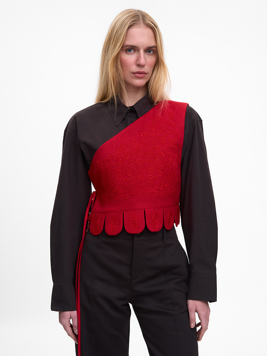 Asymmetric vest with red embroidery in tone "Shining" [0]