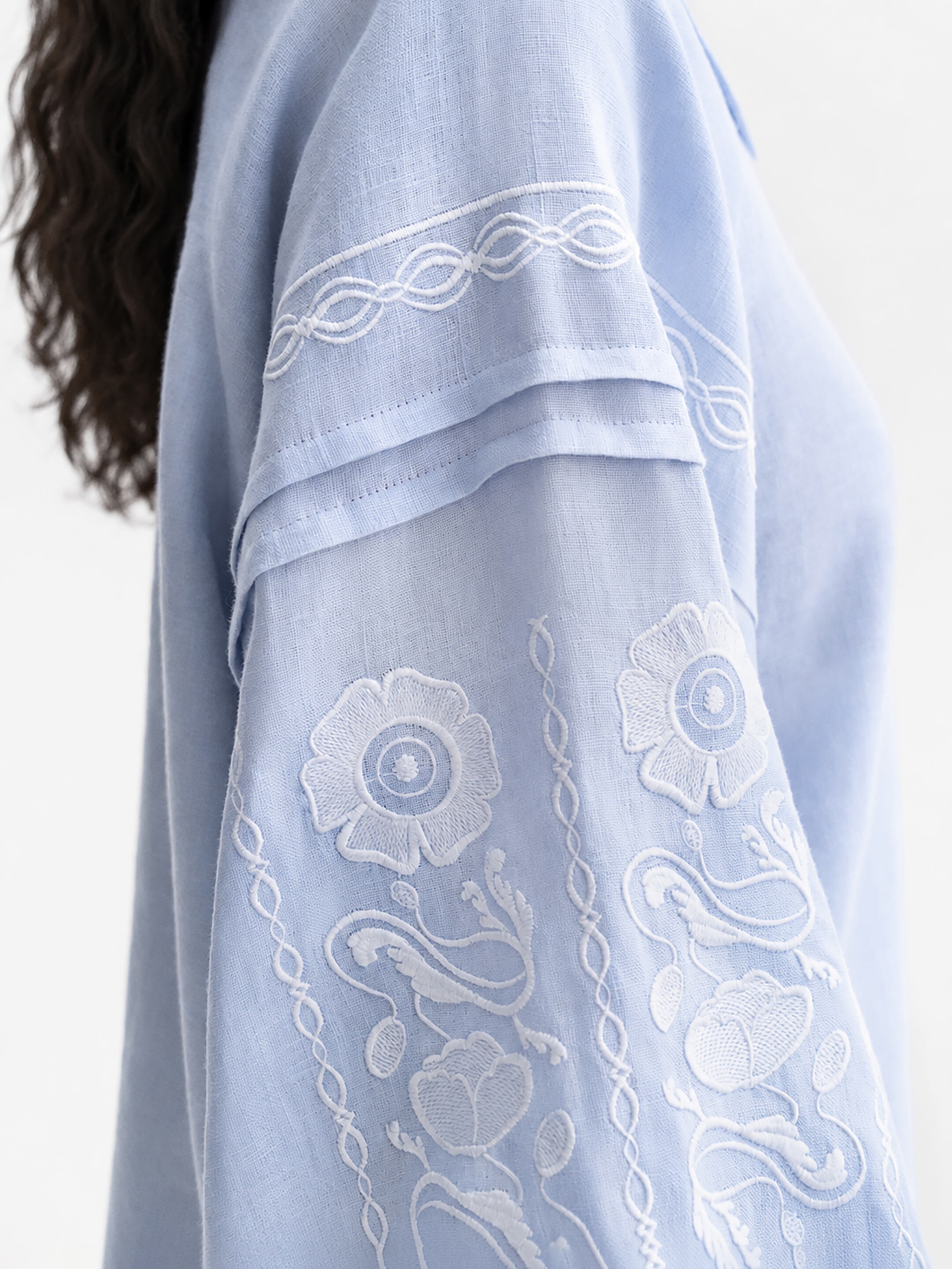 Soft blue shirt with white embroidery "Dnieper" in Ukraine