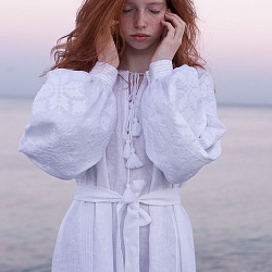 Белое льняное платье макси длины с белой вышивкой MD21 Photo 6